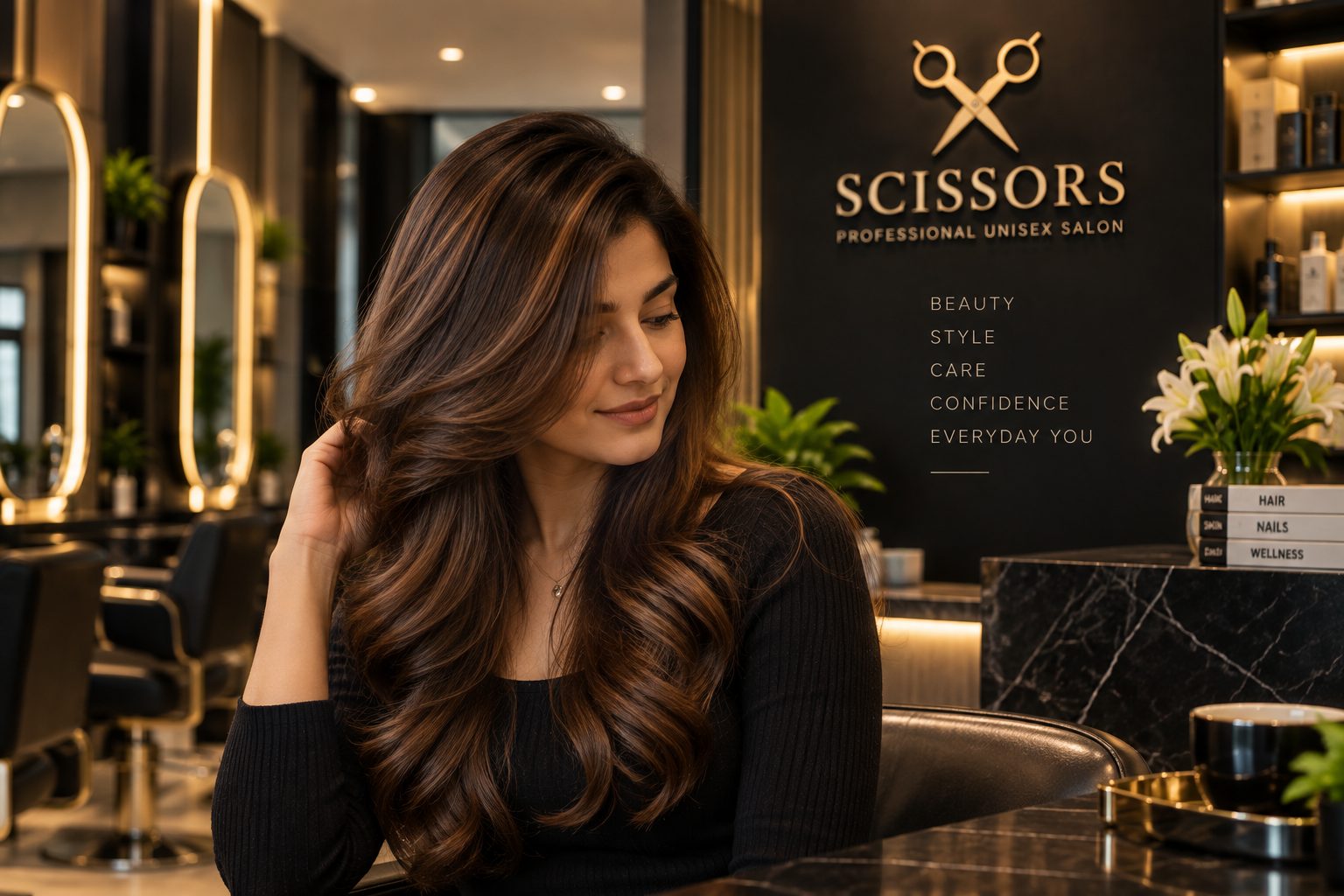 Woman with styled hair at Scissors Urapakkam